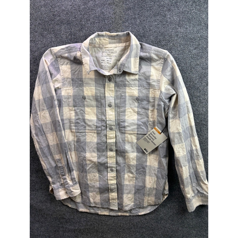 REI Co-op Wallace Lake Flannel Shirt Womens Medium Grey Plaid Organic Cotton NWT